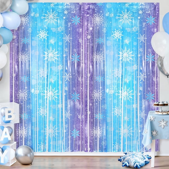 Sinekong 2 Pack Winter Birthday Party Supplies 3.3x6.6ft Snowflake Tinsel Foil Fringe Curtains, Winter Backdrop Streamer