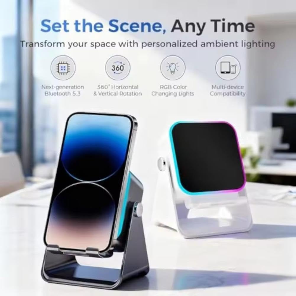Wireless Charging Speaker Stand - 5-in-1 Bluetooth Speaker with 8 RGB Ambient Lights, 5000mAh Power Bank, Adjustable Tablet Holder for iPhone iPad Android - Stereo Sound Desktop Dock & Birthday Gift