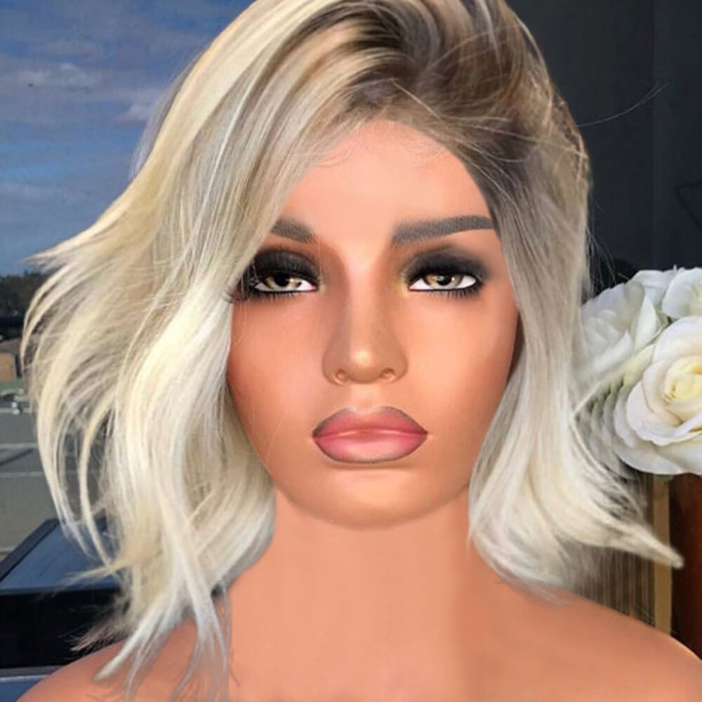 SUCS Short Wavy Bobo Human Hair Rose net Wig Glueless Front Wigs Gray Women