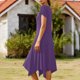 thumbnail image 3 of Mujeres Manga Corta Tops Estilo Casual Cuello Redondo Sólido Irregular Doblado Vestido, Vestido de Manga Corta para las Mujeres Falda Primavera Verano Diario, 3 of 6