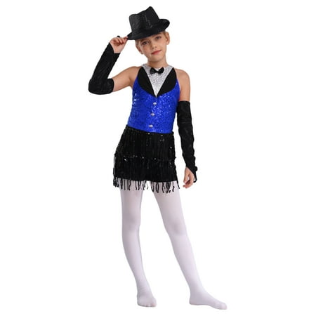 Haitryli Big Girls Sparkly Tuxedo Bodysuit Outfits Fringe Latin Dance Leotard with Gloves Hat Ballroom Dancing Costume Blue&Black 16