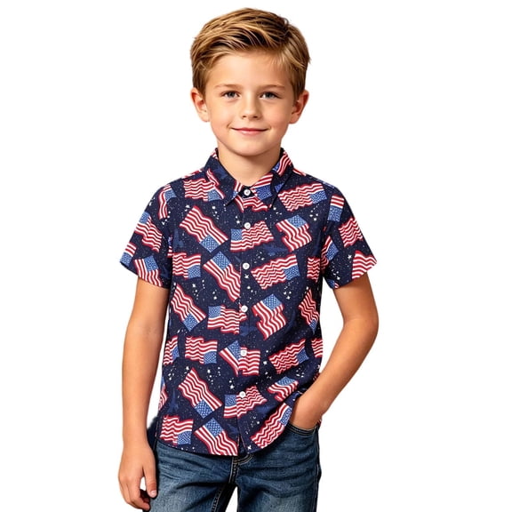 FINALGANG Boys 4th Of July Shirts American Flag Patriotic Shirt Usa Independence Day Shirt Casual Button Down Shirts For Kids Boys Red White And Blue Tops 5-6 Years