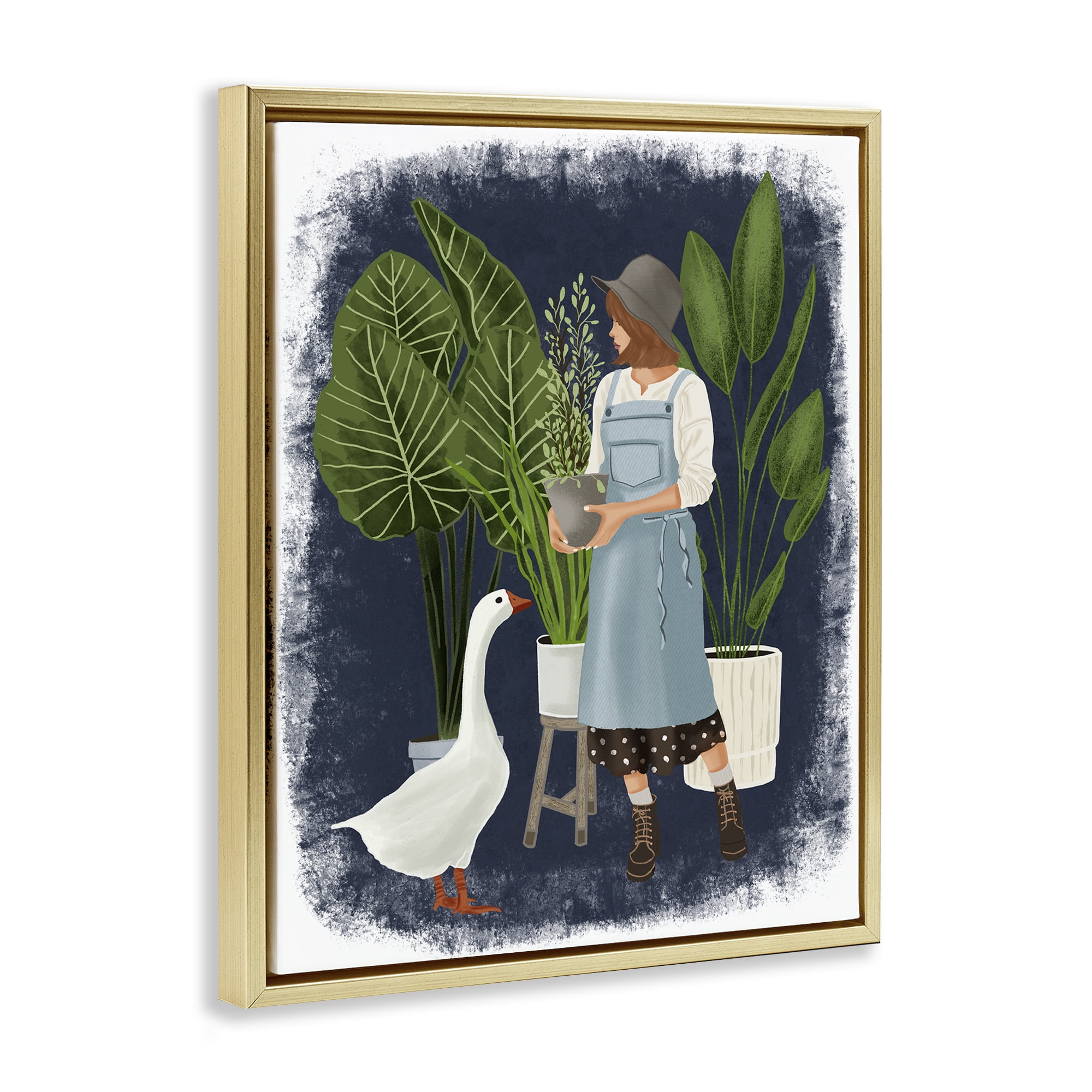 Stupell Industries Gardner Girl with Goose People Painting Gold Floater Framed Canvas Art Print Wall Art, 17 x 21
