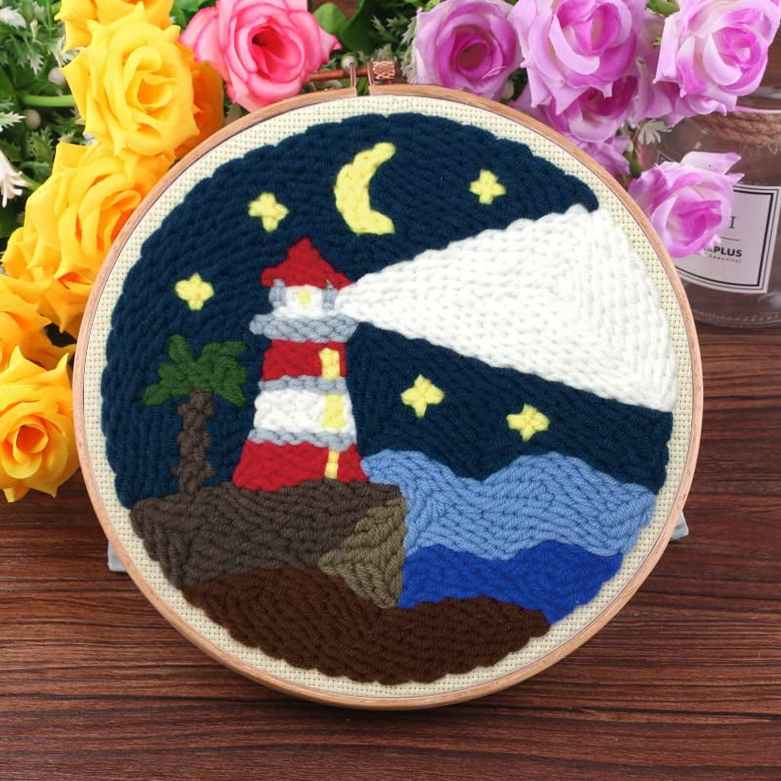 2 Pack Easy DIY Punch Needle Kits Embroidery Kits Set for Starter Kits with Stamped Color Pattern with Instruction,Yarn and Embroidery Wooden Handle Needle Pen (Lighthouse & Mountains )