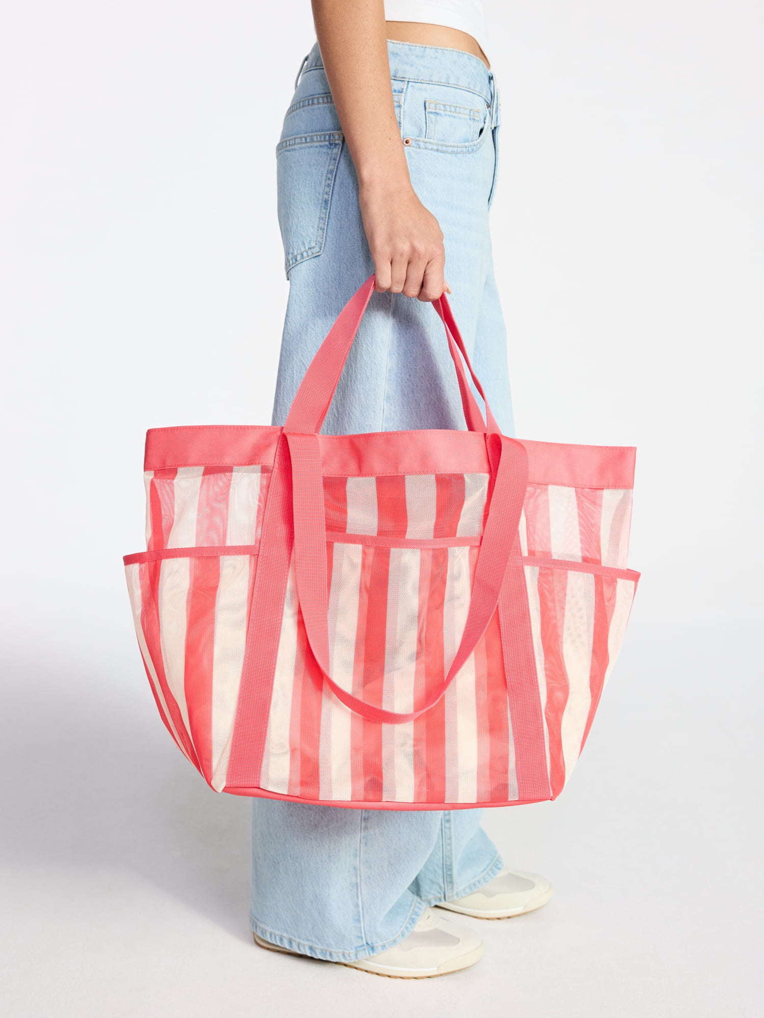 No Boundaries Women's Mesh Tote Bag, Coral Stripe