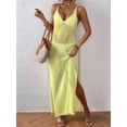 thumbnail image 4 of Womens Crochet Knit Sheer Summer Backless V Neck Side Slit Bathing Suit Cover Up Midi Dress Yellow&Green One Size, 4 of 6
