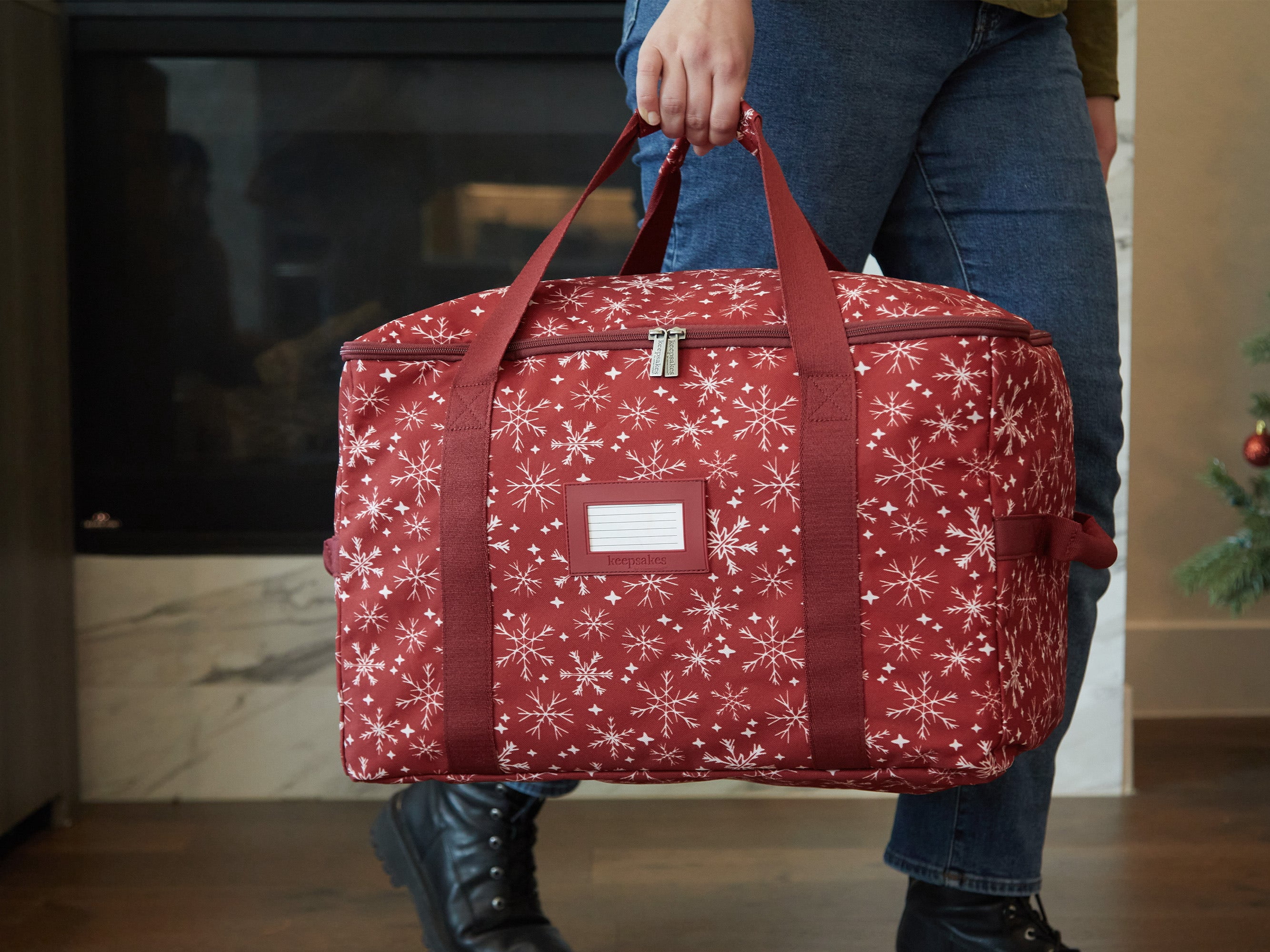 Covermates Keepsakes Treasurekeeper Storage Bag - Carrying Handles, ID Window - Holiday Storage, Red Snowflake