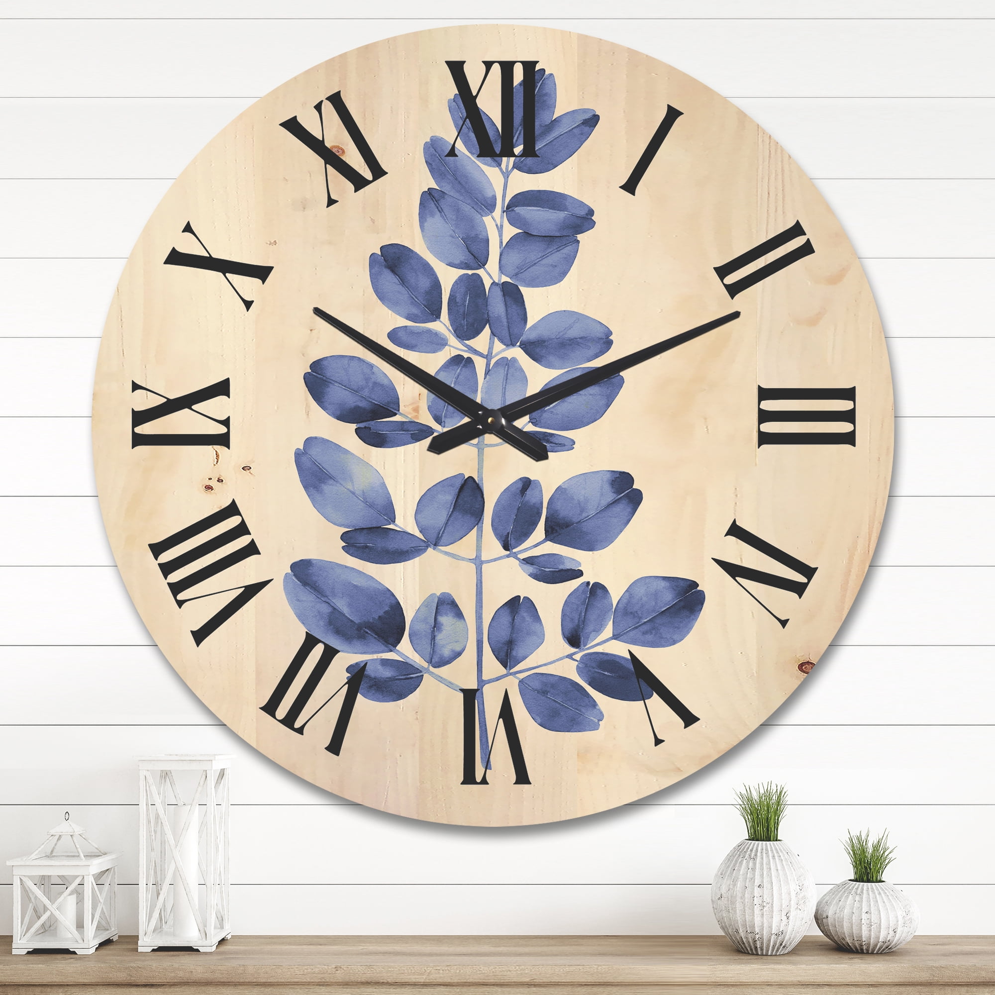 Designart 'Navy Blue Eucalyptus On White' Traditional Wood Wall Clock