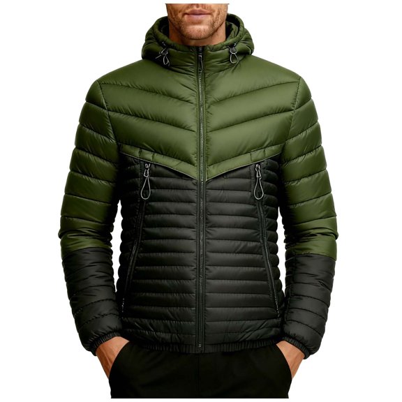 Wrtxtat Hooded Jacket for Men Coloblock Windproof Drawstrings Puffer Jacket with Detachable Hood Warm Winter Heavyweight Zipper Pockets Coat Green XS