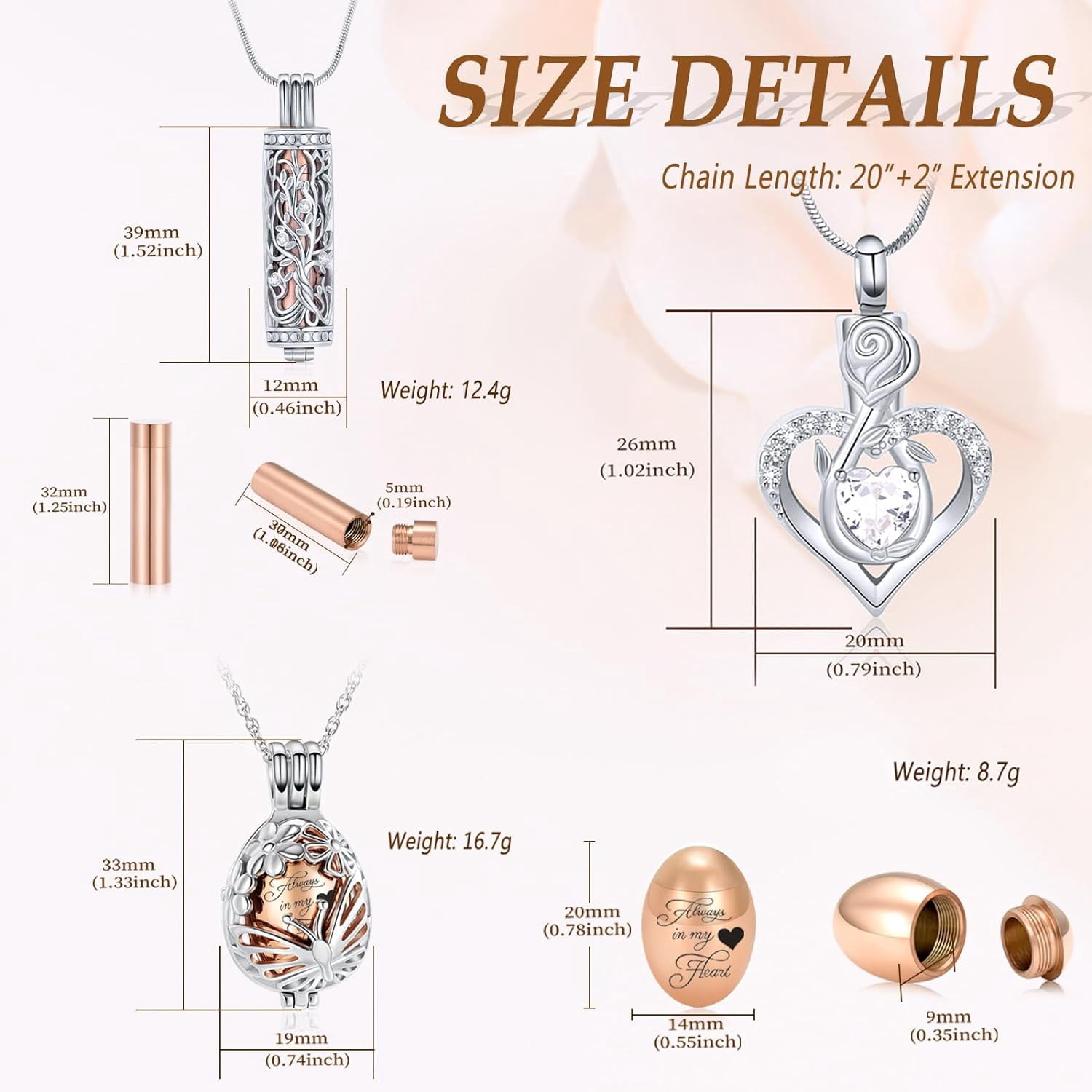 3Pcs Urn Necklace for Ashes for Women Stainless Steel Teardrop Butterfly Tree of Life Hollow Mini Cylinder Keepsake Cremation Memorial Pendant