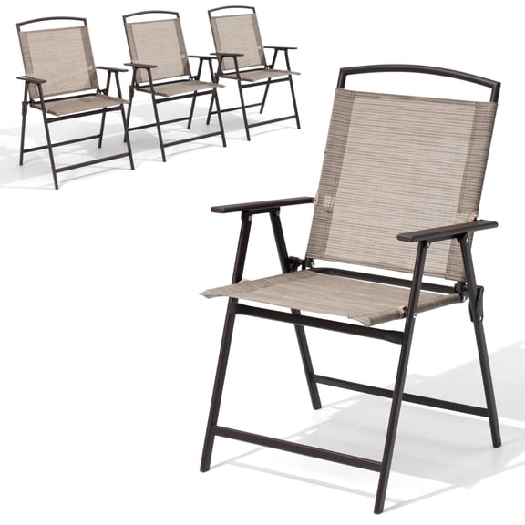 Crestlive Products Folding Patio Chair Set of 4, Portable Dining Chairs with Armrest, Outdoor Folding Chairs, Beige