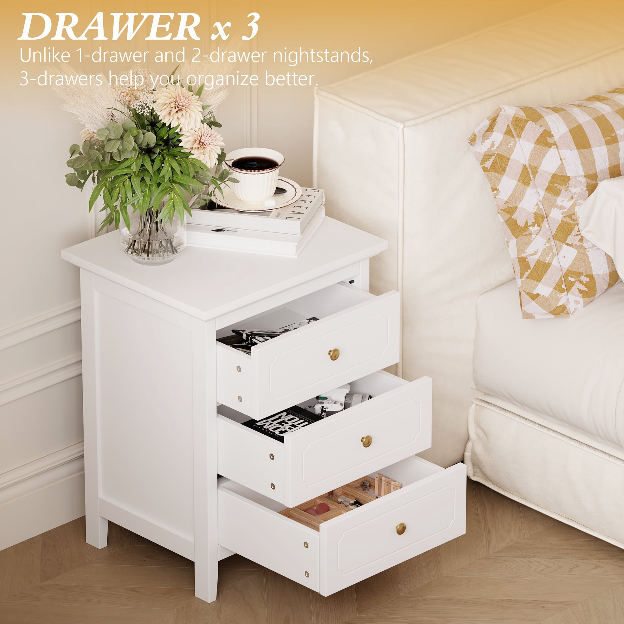 AODAILIHB Wood Nightstand with Drawers, 3-Drawer Modern Dresser, Storage Drawer Bedside Table for Living Room, Bedroom Small Space, Dorm, White