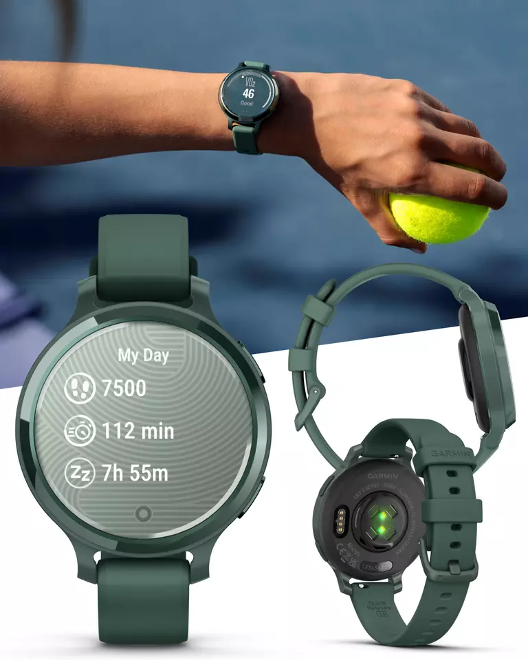 Garmin Lily 2 Active 38 mm Women Stylish GPS Smartwatch Jasper Green w Black EarBuds