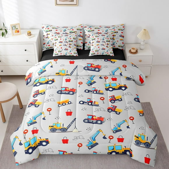 Kids Excavator King Comforter Set 7 Piece Cartoon Car Bedding Comforter Sets For Boys Children, Tractor Truck Bed In A Bag Construction Vehicles Bedding Set, Tractor Decor Bed Sheets Set