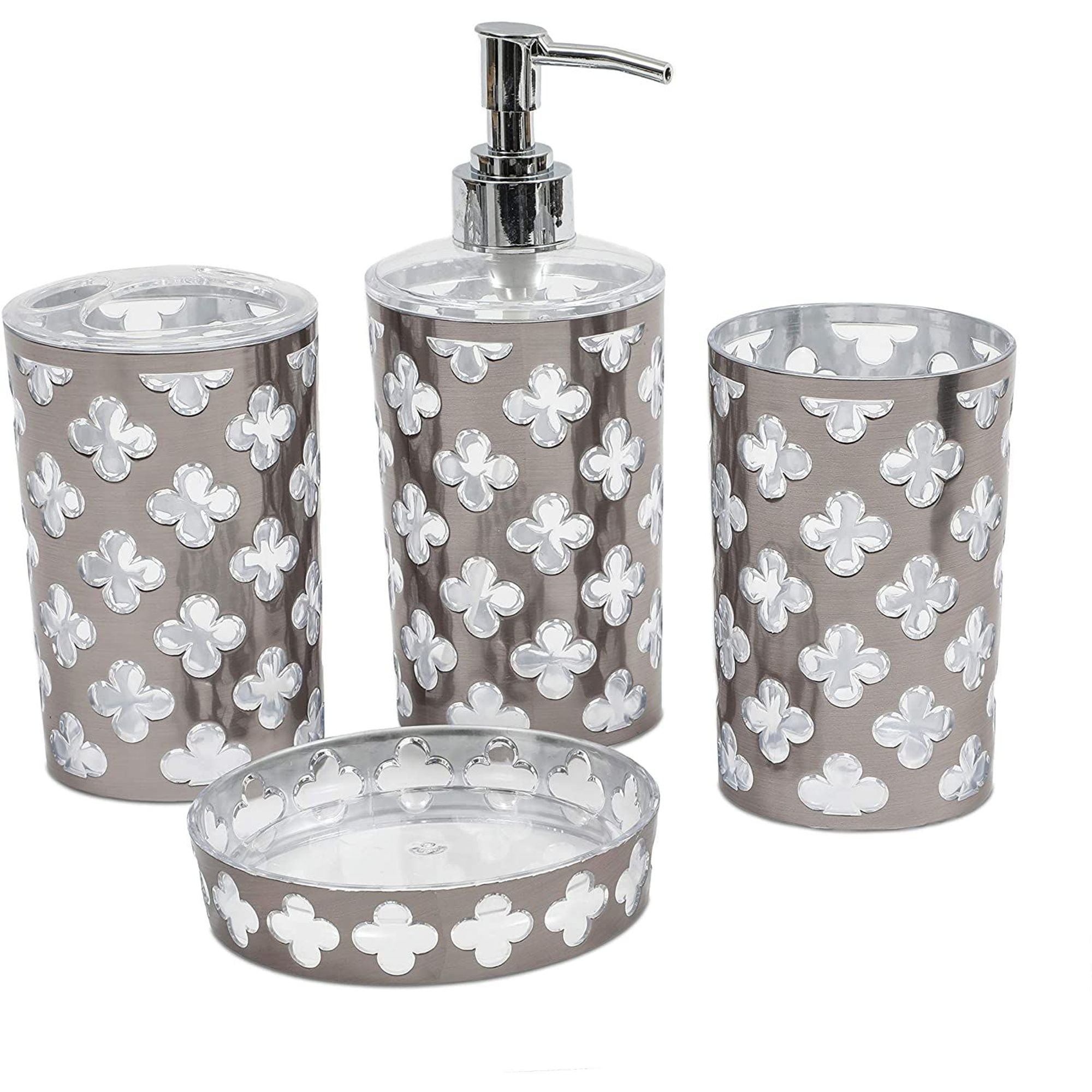 Set of 4 Silver Bathroom Accessories Set - Soap Dispenser, Toothbrush ...