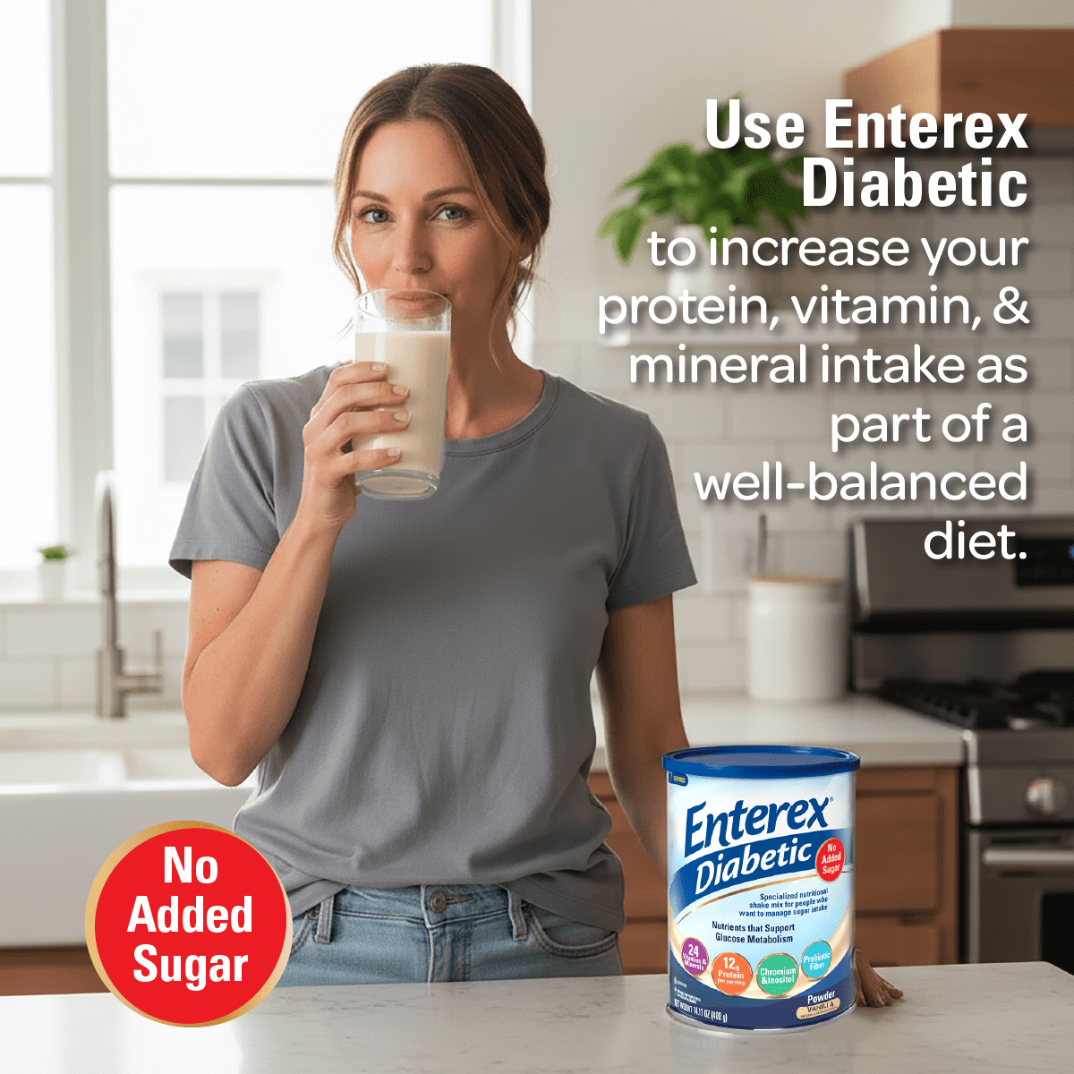 Enterex Diabetic Ready-to-Mix Nutritionally Complete Powder – No Added Sugar, Gluten Free, Vanilla Flavor, 400g (7 Servings)