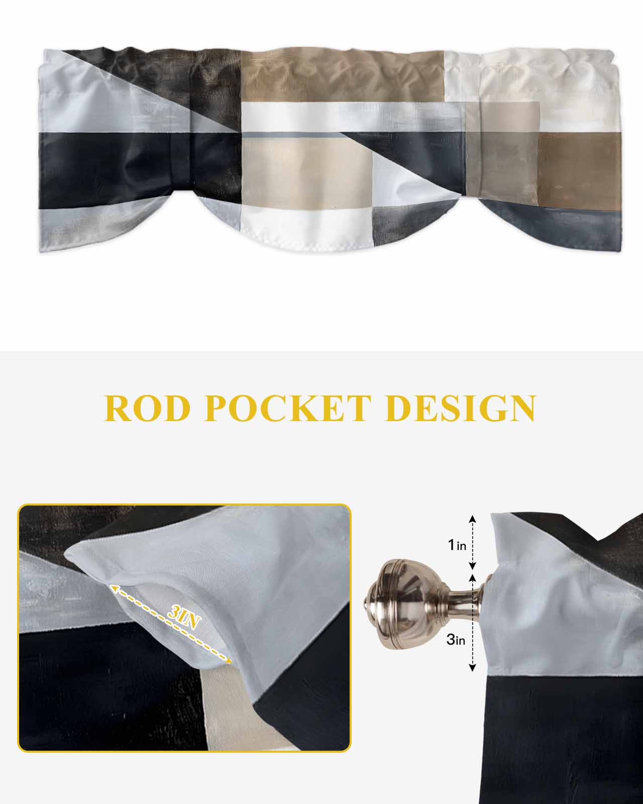 Abstract Black Brown White Tie Up Valances Curtain, Modern Art Brown Grey Kitchen Valances for Windows Decor, Rod Pocket Short Curtains Set for Bedroom/Bathroom, 60"x18"