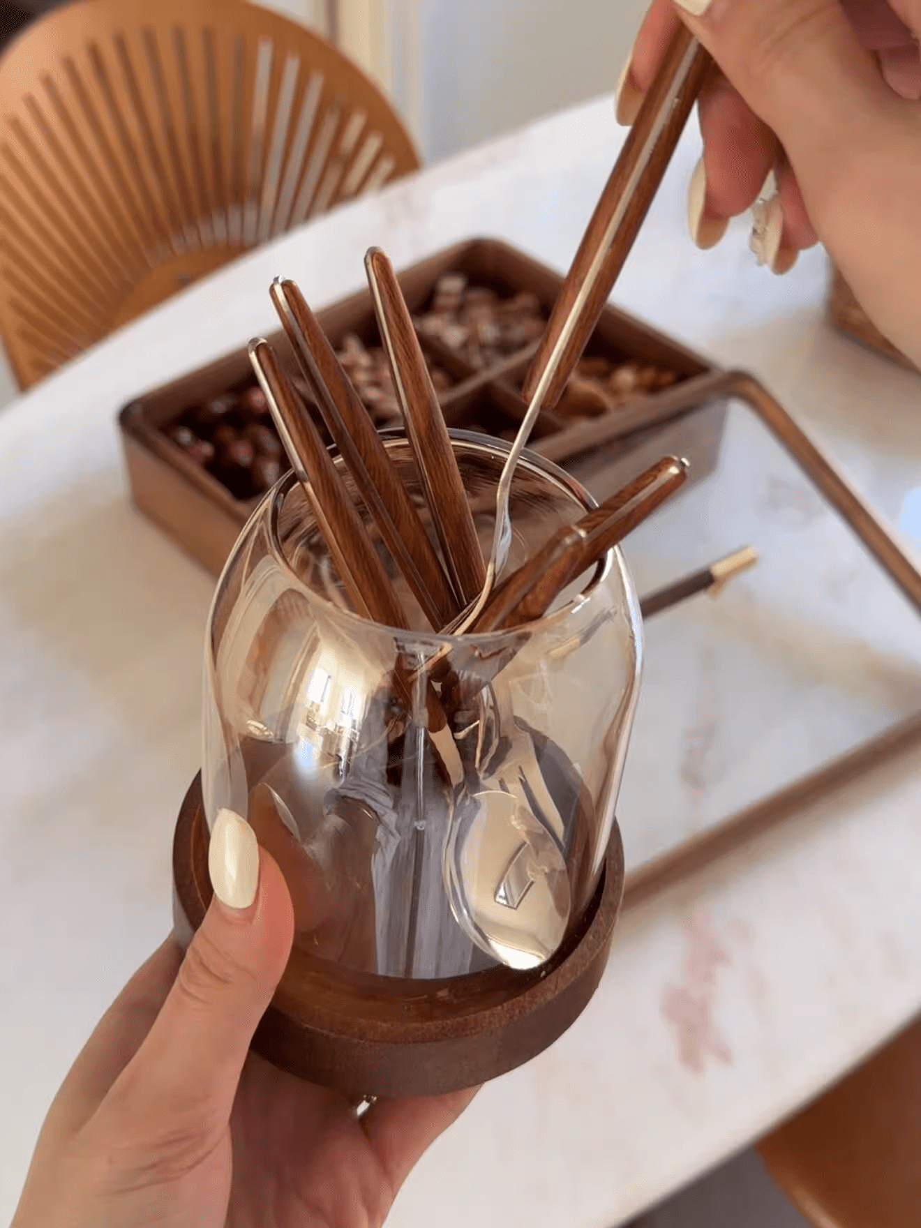 Glass Utensil Holder With Wooden Base,Fork And Spoon Set With Wood Handles,Cutlery Caddy For Kitchen Afternoon Tea Ice Cream Cake Stainless Steel