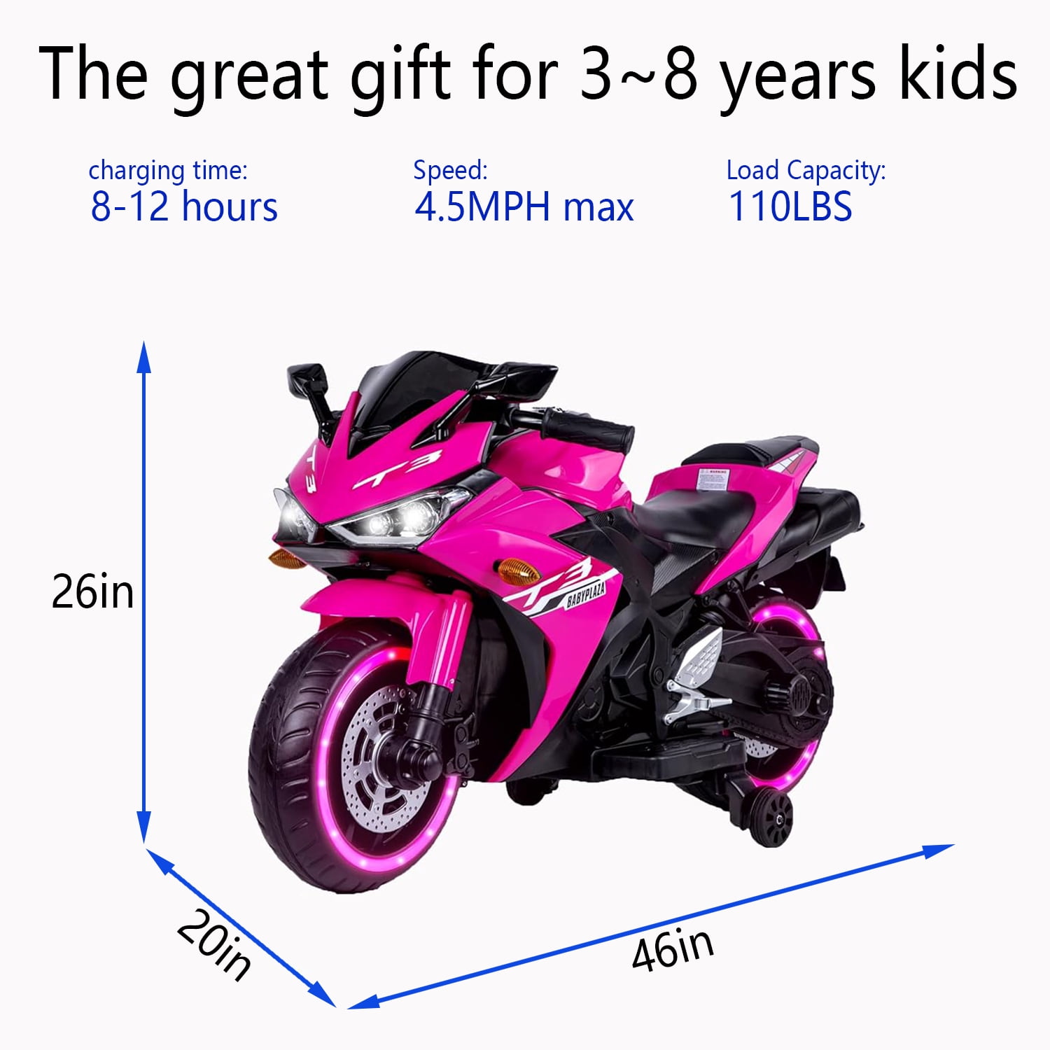 HNH 12V Pink Motorcycle, Ride on Motorcycle for Kids 3-8 Yeas, Battery Powered Motorbike with Light Wheels and Bluetooth, 4Mph