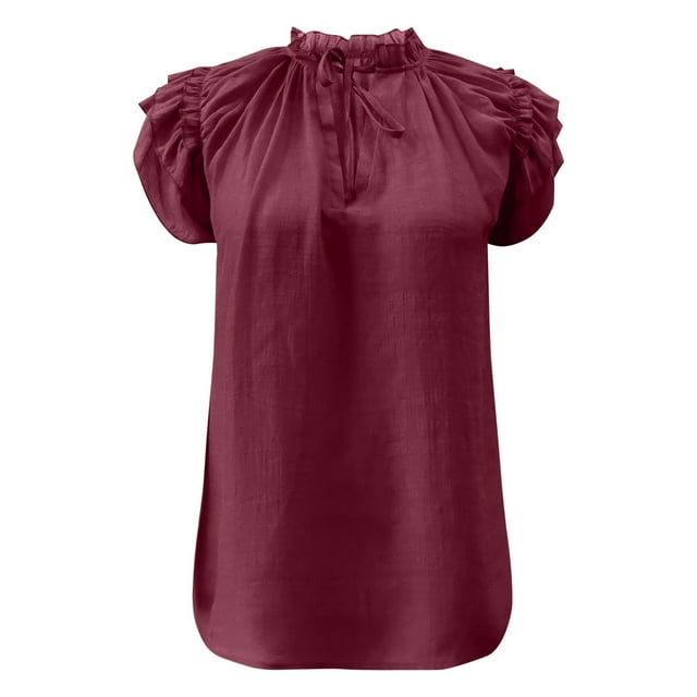 B91xZ Mode Été pour Femmes 2024 Col en V Manches Courtes Boutonné Hauts Décontractés Unis, Rouge L