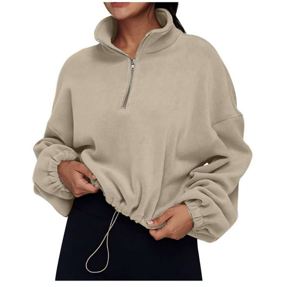 UAMVSH Women's 1/4 Zipper Sweatshirts Oversized Fleece Stand Collar Long Sleeve Pullover Casual Loose Fit Cropped Sherpa Tops Fall Outfits(Small,Khaki 1)