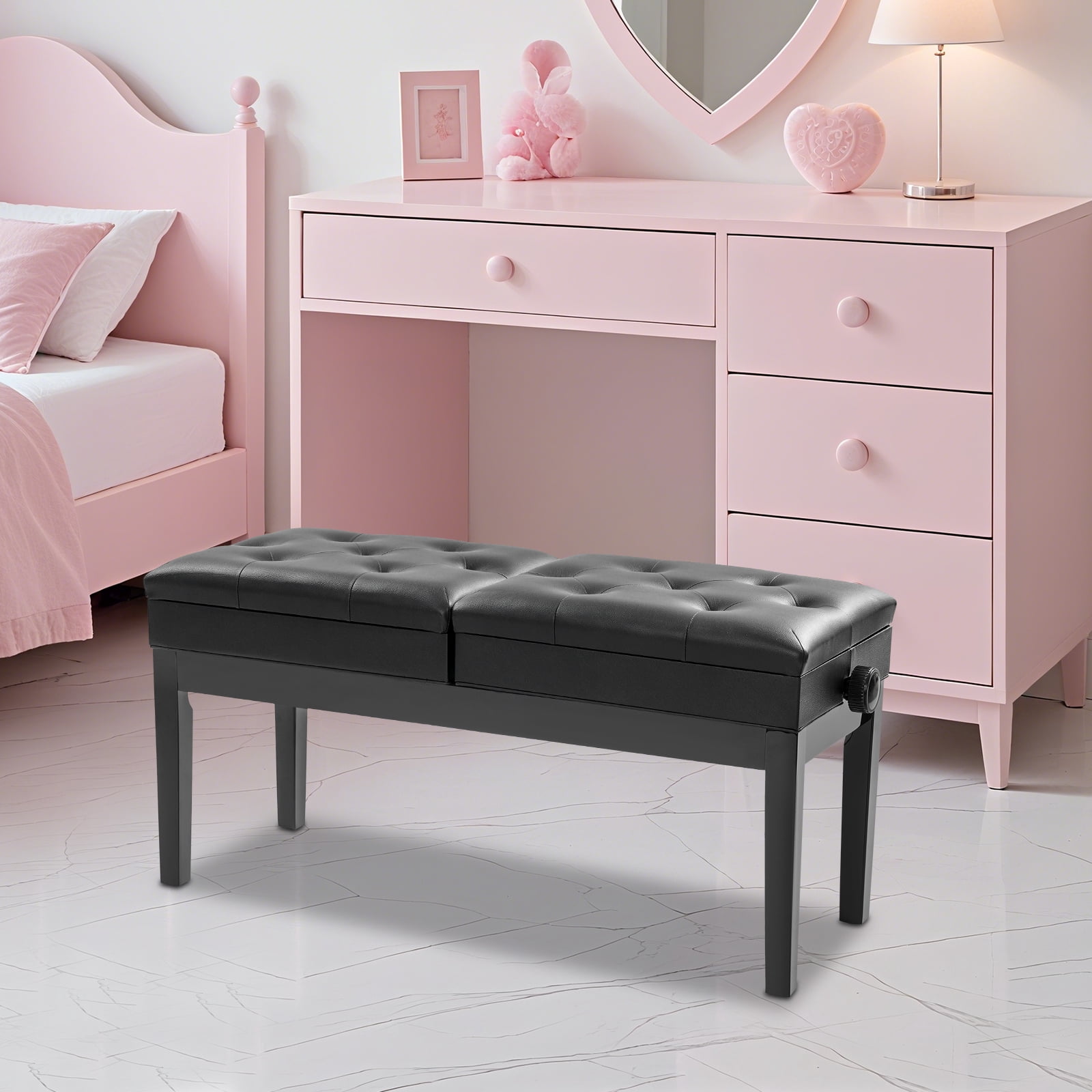 Floorstanding Double Seater Piano Bench, Adjustable Duet Piano Bench with Storage Box for Homes, Schools