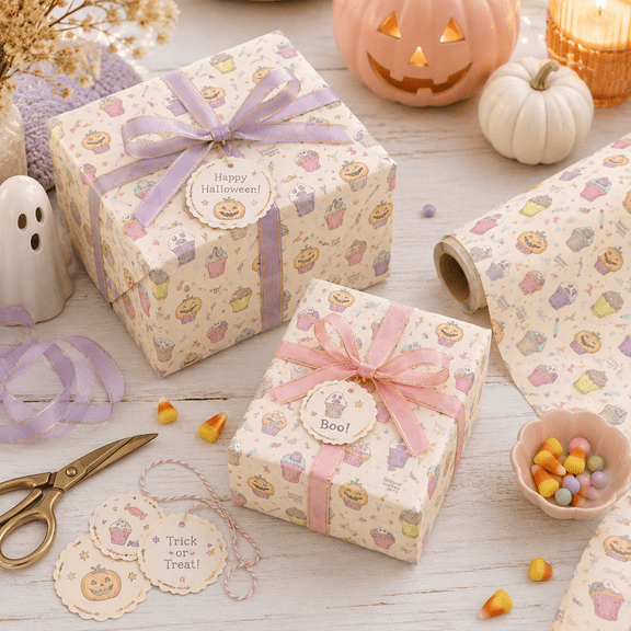 Halloween Wrapping Paper Roll, Pumpkin Pattern Gift Wrap Paper for Halloween Presents, Party Supplies DIY Craft Decoration