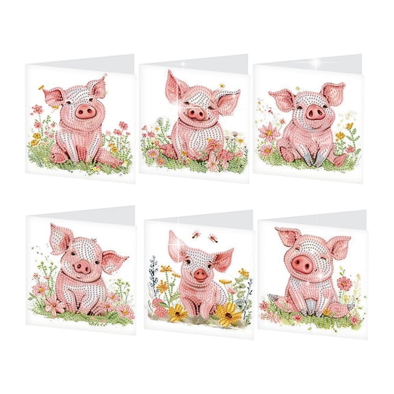 6pcs Diamond Painting Kit Greeting Cards, Happy Pig 5D Handmade Art Birthday Holiday Gift Cards with Envelopes