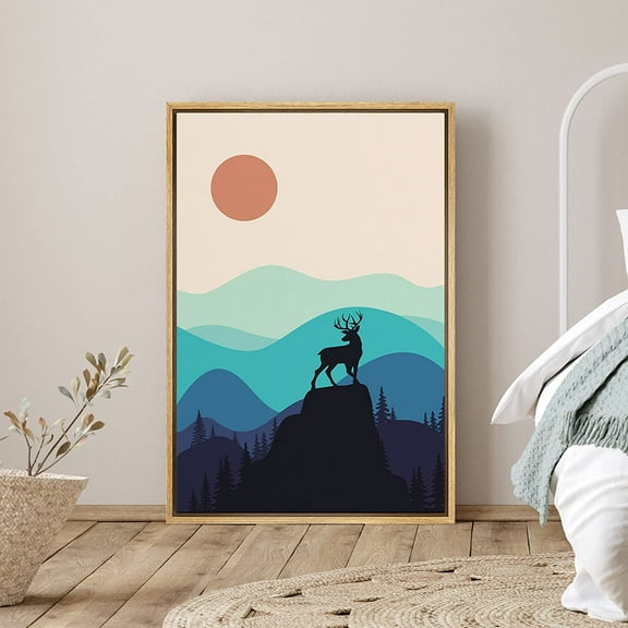 PixonSign Framed Canvas Print Wall Art Deer Over Teal Mountain Range Animals Wilderness Illustrations Modern Art Contemporary Scenic Colorful Boho Decor for Living Room, Bedroom - 24"x36" Natural