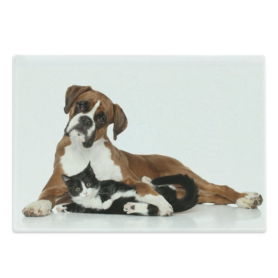 Animal Cutting Board, Cat and Dog Together Lying on Floor Couple Real Friends Kitty Portrait, Decorative Tempered Glass Cutting and Serving Board, Large Size, Brown Black White, by Ambesonne