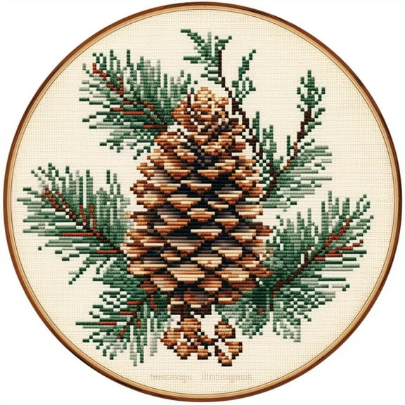 Pinecone and Leaves Stamped Cross Stitch Kits for Beginners Easy with Hoop 11CT Needlepoint Embroidery DIY Counted Cross Stitch Kits Art Craft Wall Decoration 35x35cm(4)