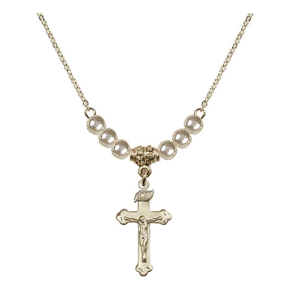18-Inch Hamilton Gold Plated Necklace with 4mm Faux-Pearl Beads and Crucifix Charm