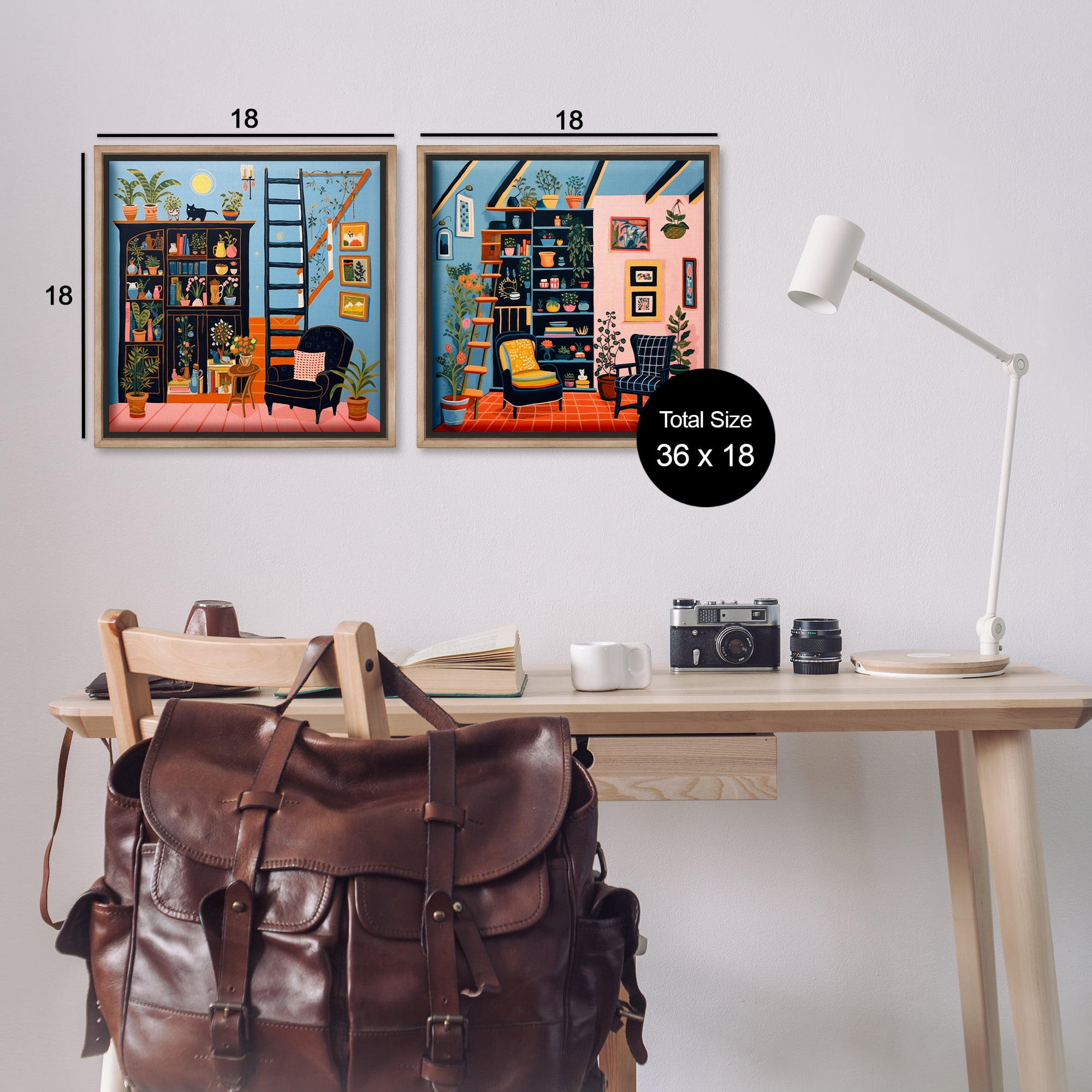 Stupell Industries Cozy Decorated Reading Nook Furniture Painting Brown Floater Framed Canvas Art Print Wall Art, 18 x 18, Set of 2