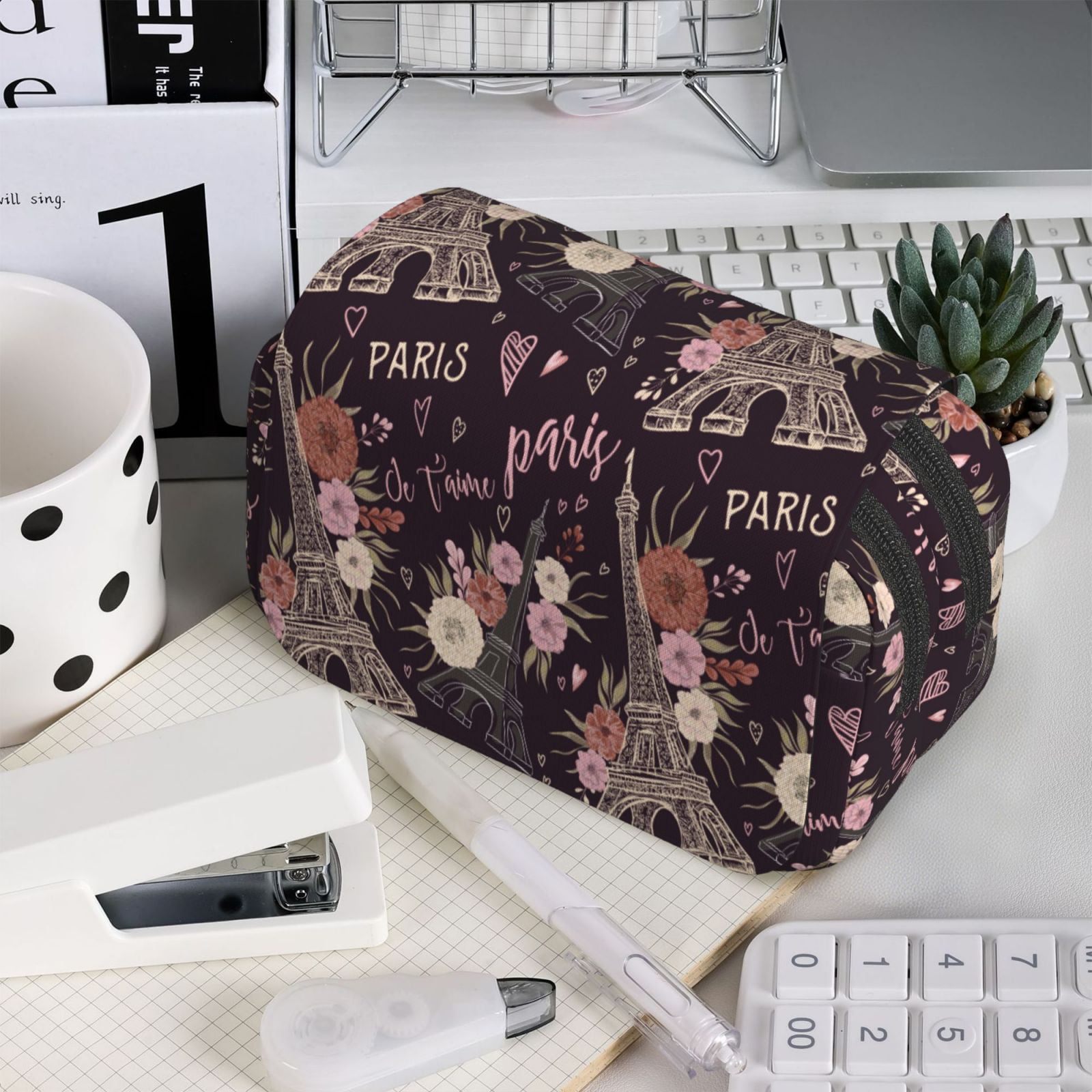 Rateoe Romantic Paris Pattern Double Clamshell Pen Case, Storage Organizer with Two Zipper Compartments– Holds Up to 50 Pencils & Pens