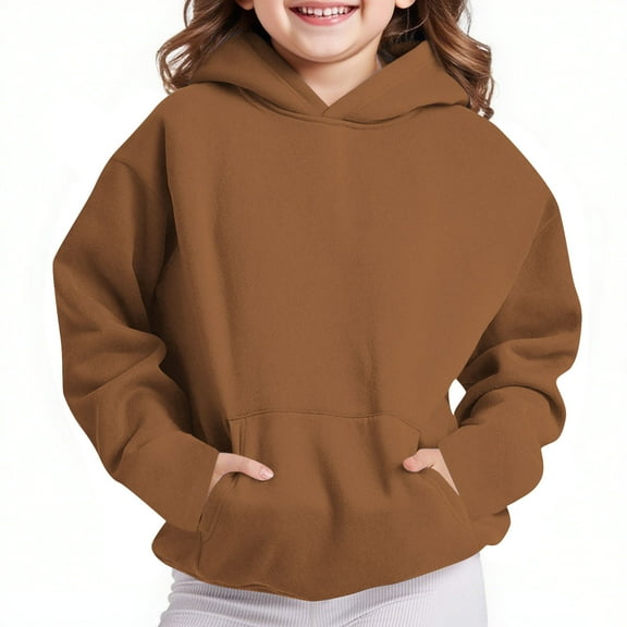 BRGZLK Boys Girls Long Sleeve Hooded Sweatshirt Trendy Solid Color Oversized Fleece Pullover Pocket Hoodies For Spring Fall Brown 11-12 Years