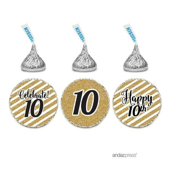 Milestone Chocolate Drop Labels Trio, Fits Hershey's Kisses Party Favors, 10th Birthday, 216-Pack, Not Real Glitter