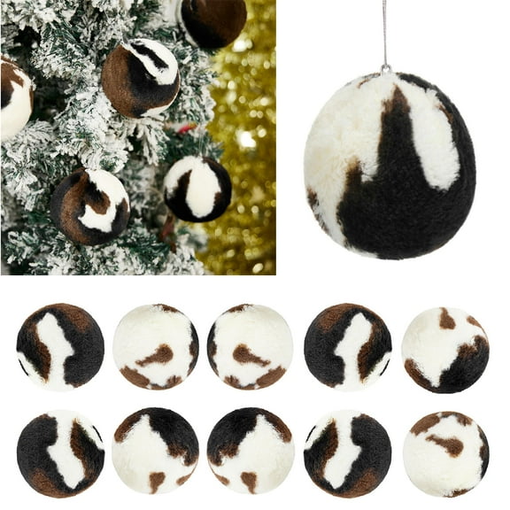 KUCASI Christmas Tree Ornaments Set – 10 Pcs 3in Plush Cow Print Balls, Hanging Holiday Decorations for Tree, Wreath, Home & Party Décor