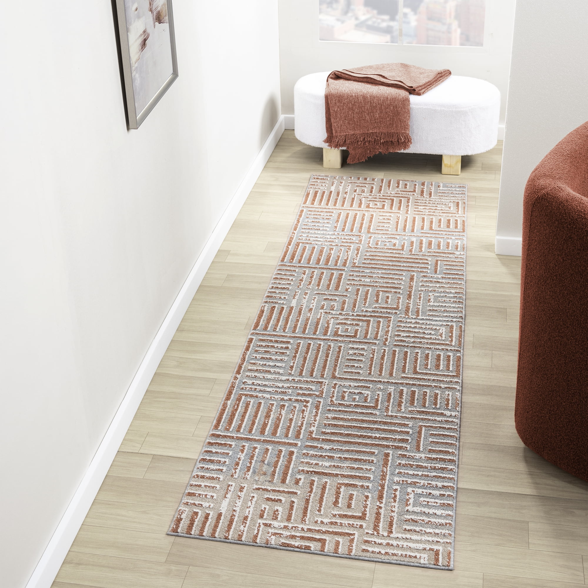 Ox Bay Wesley 2'2" x 7', Gray/Rust Geometric Washable Indoor Runner Rug by Evette Rios