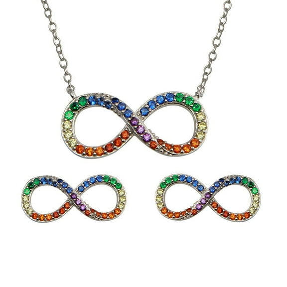 Rainbow CZ Infinity Necklace Earrings Set Rhodium Plated Sterling Silver