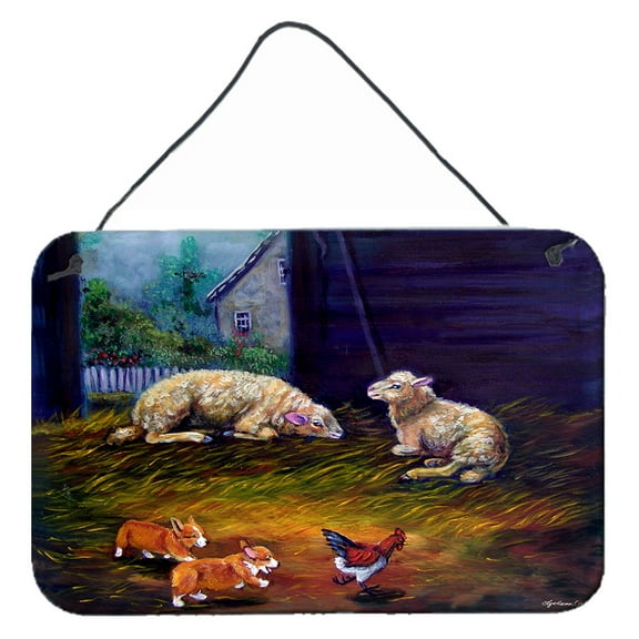 Carolines Treasures 7322DS812 Corgi Chaos in the barn with sheep Wall or Door Hanging Prints 8x12 multicolor