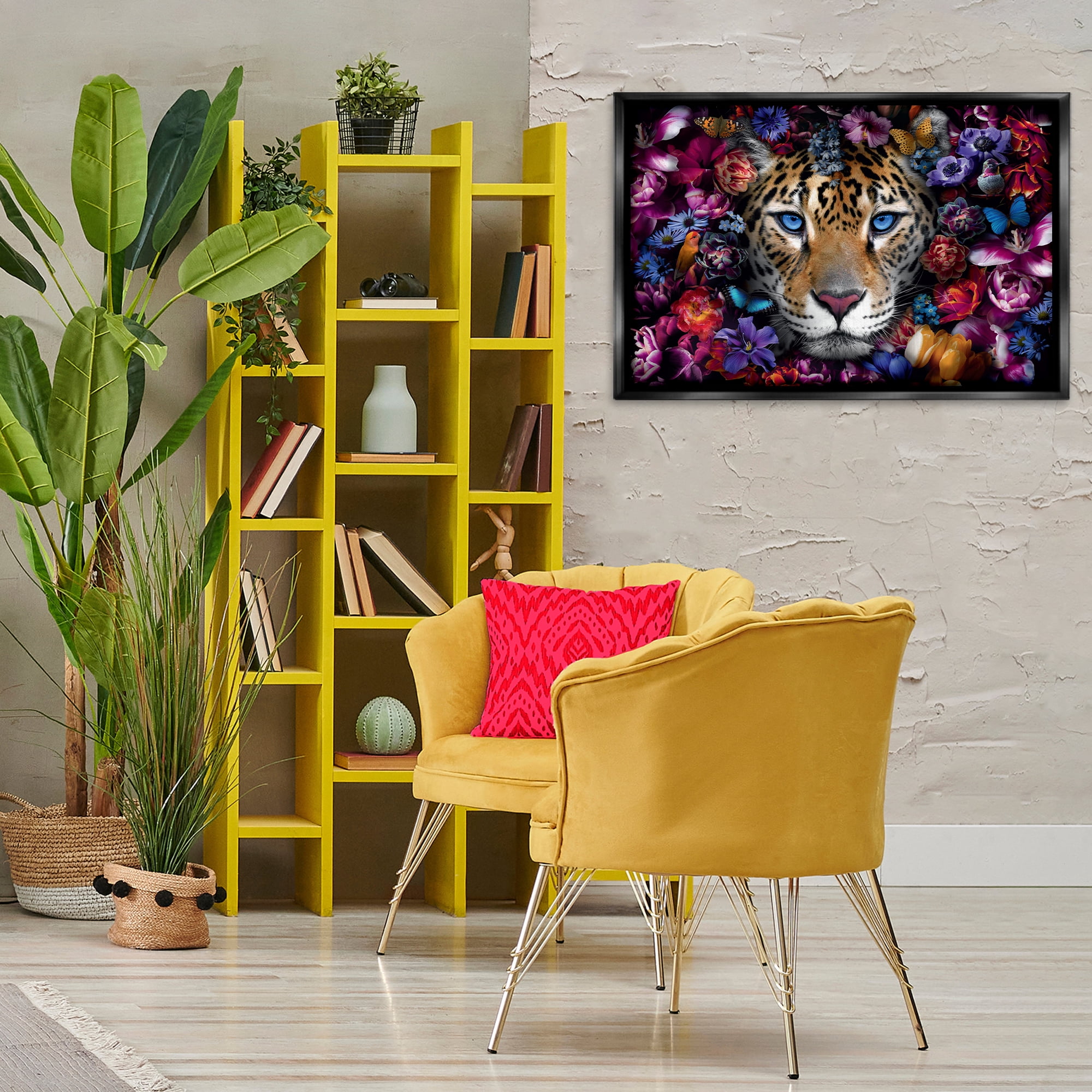 Stupell Industries Piercing Leopard Gaze Plants & Flowers Painting Black Floater Framed Canvas Art Print Wall Art, 31 x 21