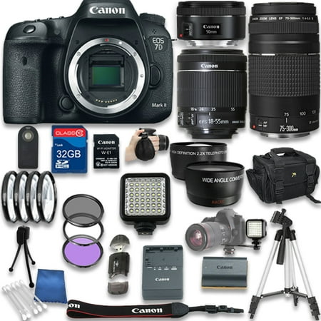 Adapter Lens Adapters - Canon EOS 7D Mark II DSLR Camera with W-E1 Wi-Fi Adapter with Canon EF-S 18-55mm f/3.5-5.6 IS STM Lens + Canon EF 50mm f/1.8 STM Lens + Canon EF 75-300mm + 32GB SD Memory Card + Accessory Bundle - Int