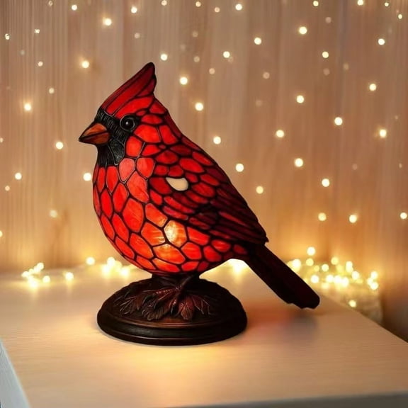 Red Cardinal Resin Lamp - Handmade Stained Glass Effect Night Light, Christmas Cardinal Decor & Bird Light for Home, Office, Bedroom Desk