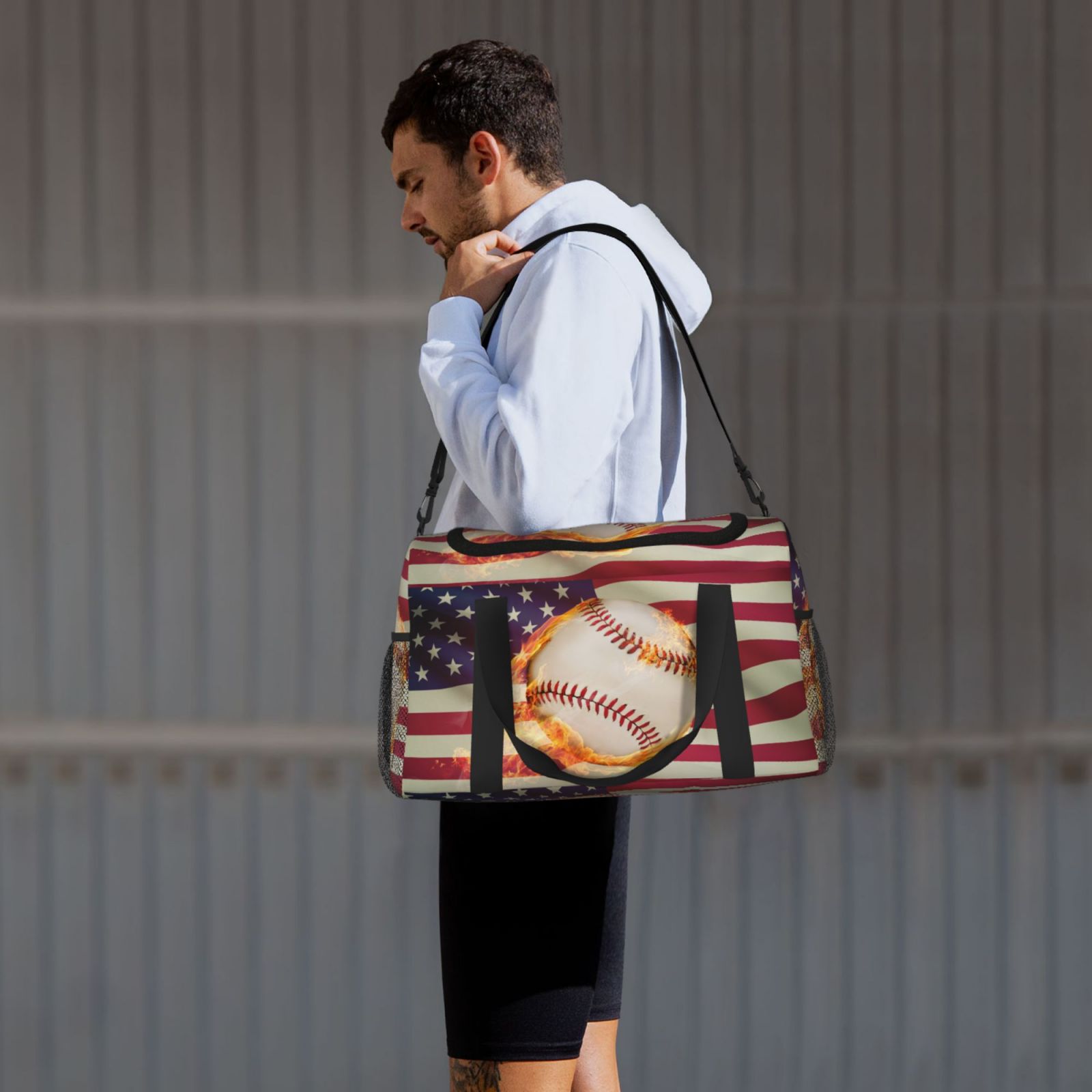 Kuqiui Baseball Ball With Flag Print Foldable Travel Duffel Bag Tote Carry on Luggage Bag Personal item Sports Gym Bag Water Resistant Weekender Overnight Bags for Women and Men