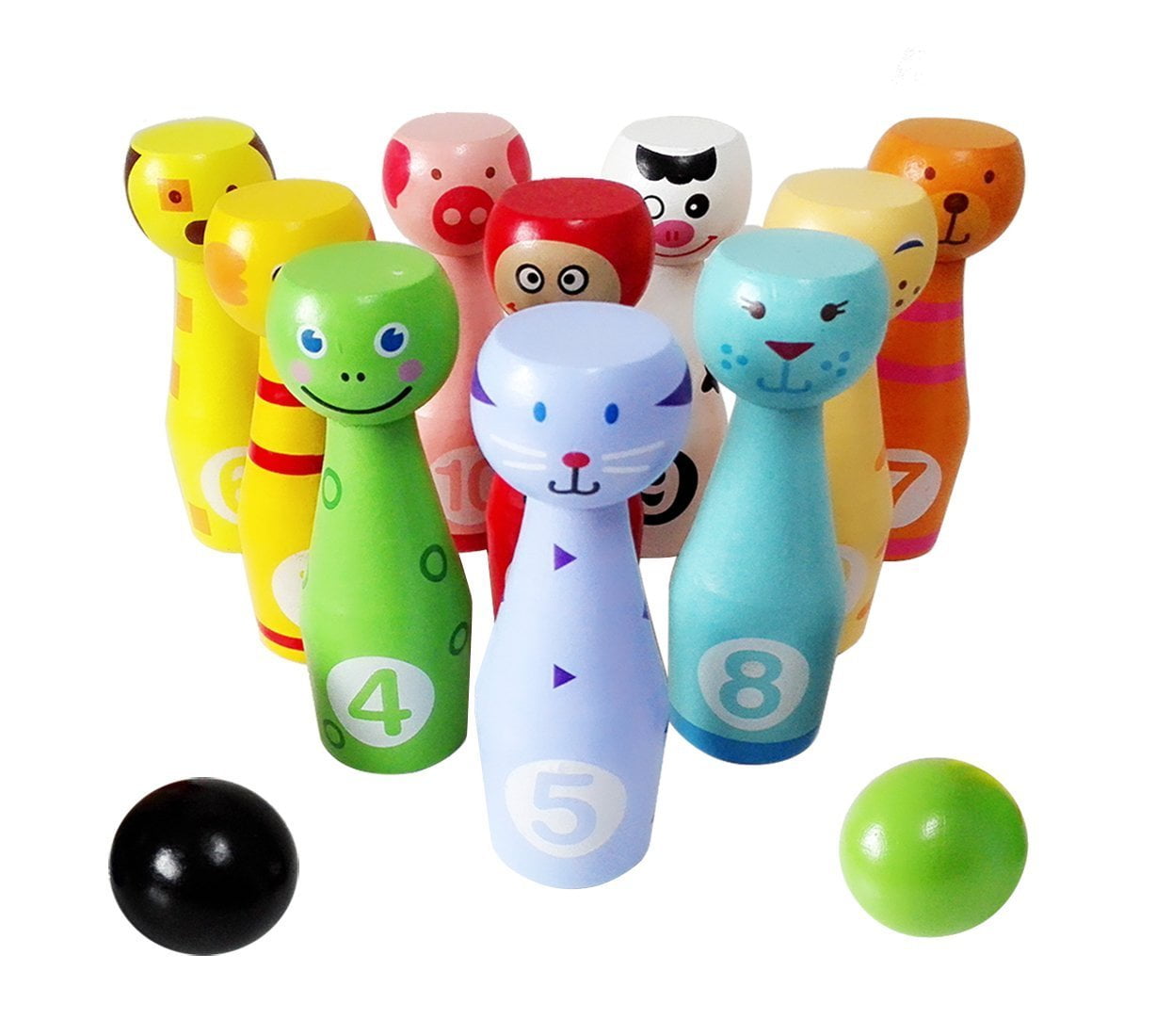 BTSEURY – Juego De Bolos De Madera Con 10 Pinos, 3 Bolas Y Bolsa De Malla, Para Niños Y Adultos