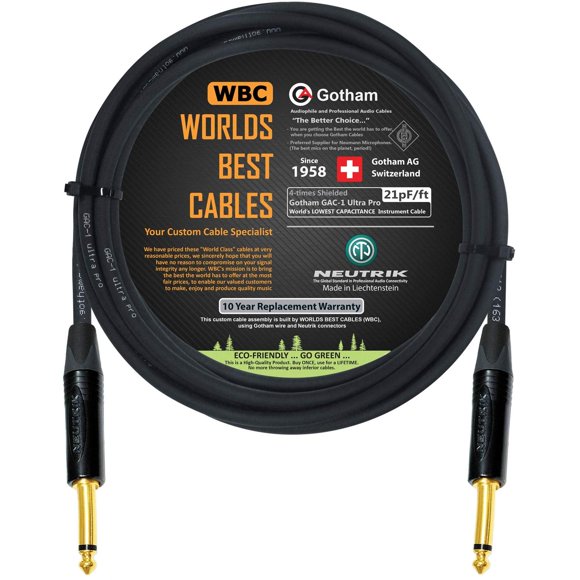 Cable para Instrumento Gotham GAC-1 Negro con Conectores Neutrik Dorado Recto a Recto 1/4 Pulgadas d