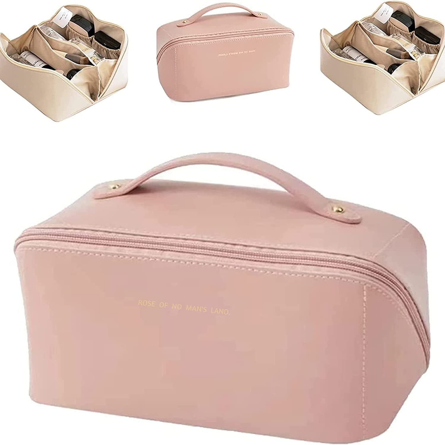 Capacity Travel Makeup Bag Wide-Open PU Leather Toiletry Bag Organizer Pink in Brown | Large