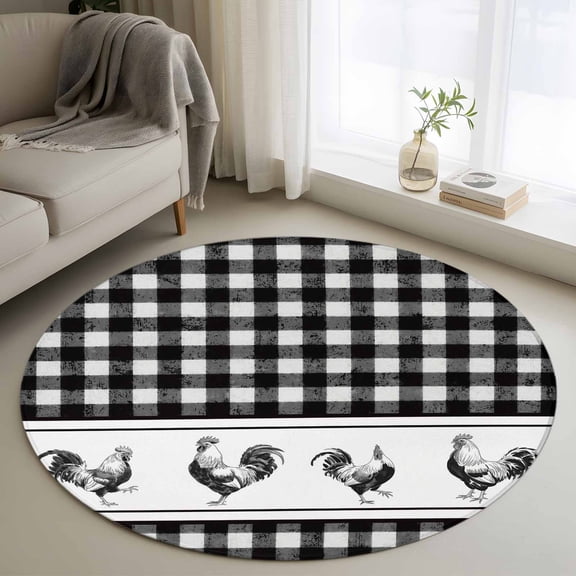 Round Area Rug 3 Ft, Farmhouse Black Plaid Washable Non-Slip Circle Carpet for Living Room/Bedroom, Vintage Country Cock Checkered Low-Profile Small Floor Mats Collection Rugs for Indoor