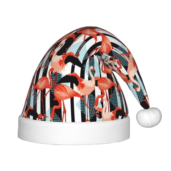 Fuzoiu Cool Flamingo Print Santa Hat Christmas Hat for kids,Santa Hats with Pompom, Unisex Xmas Holiday Hat for Christmas New Year Festive Party Supplies