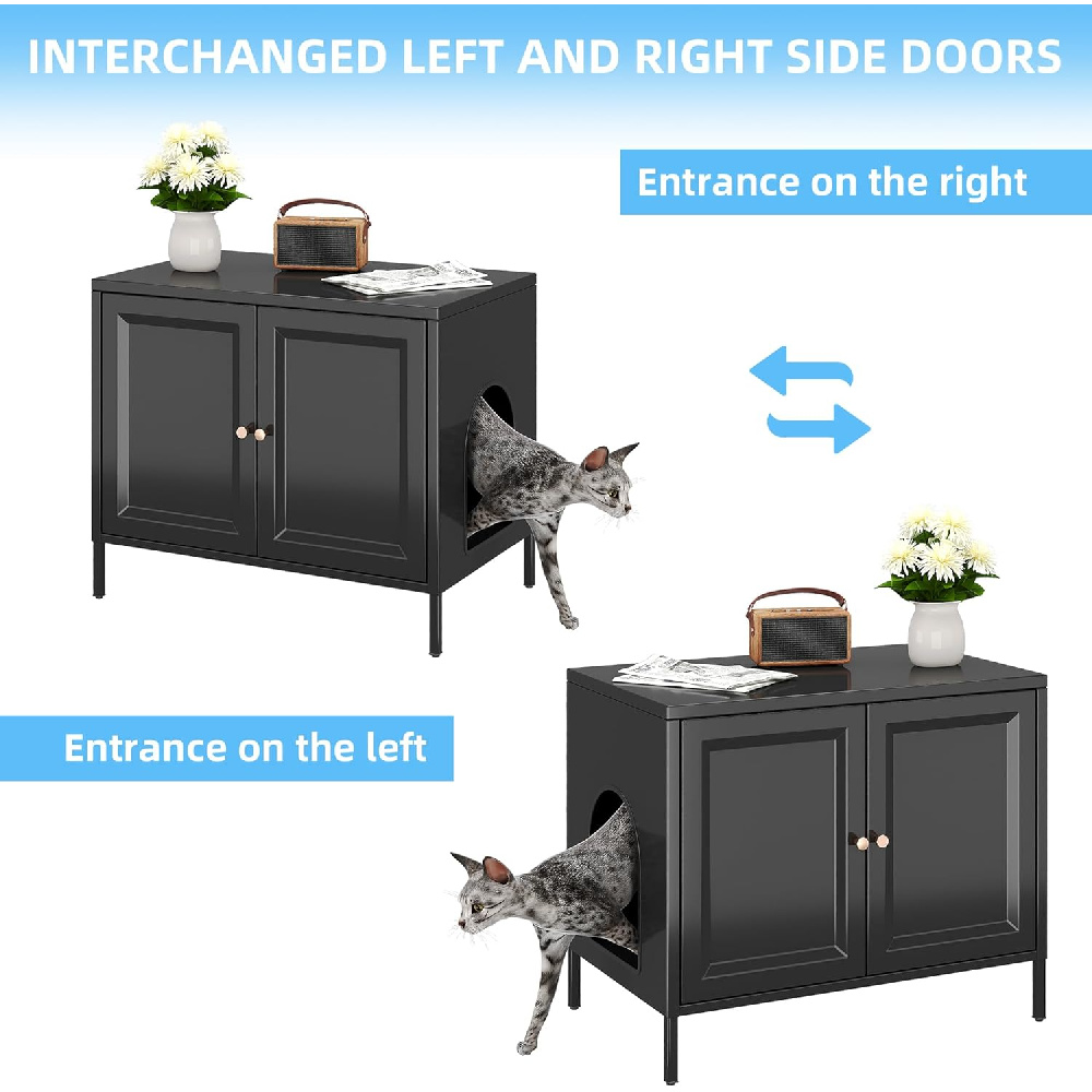 Metal Cat Litter Box Furniture with Barn Door, Fits Most Litter Boxes, Black, Assembly Required